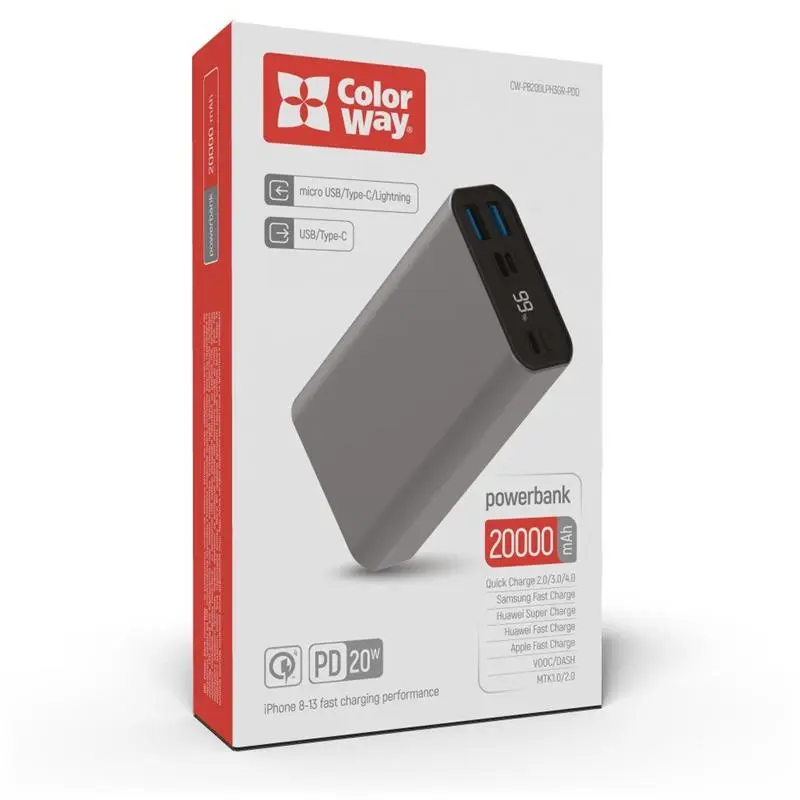 Універсальна мобільна батарея ColorWay 20000mAh Gray (CW-PB200LPH3GR-PDD) Універсальна мобільна батарея ColorWay 20000mAh Gray (CW-PB200LPH3GR-PDD)