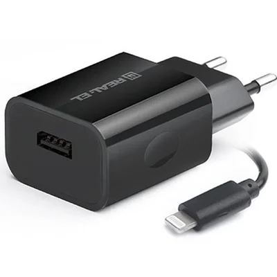Мережевий зарядний пристрій REAL-EL CH-217 (2USB, 2.1A) Black + кабель Lightning