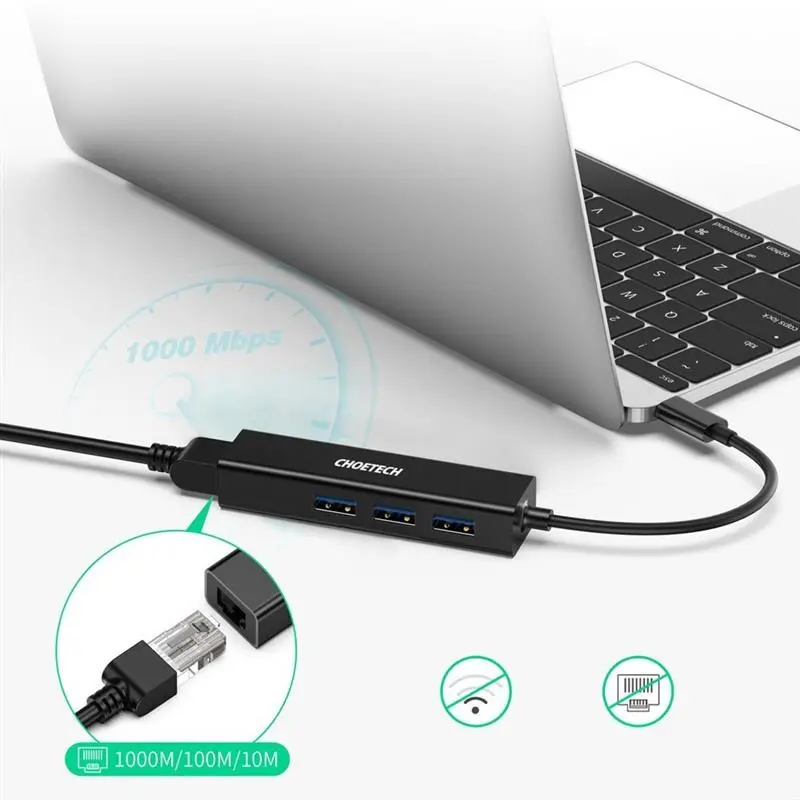 Мережевий адаптер Choetech HUB-U02 4-In-1 USB-C to RJ45 Мережевий адаптер Choetech HUB-U02 4-In-1 USB-C to RJ45