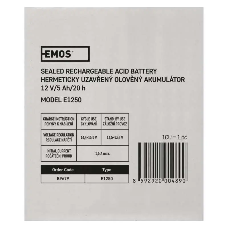 Акумуляторна батарея Emos B9679 12V 5AH (FAST.6.3 MM) AGM Акумуляторна батарея Emos B9679 12V 5AH (FAST.6.3 MM) AGM