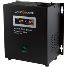 Джерело безперебійного живлення LogicPower LPA-W-PSW-500VA (350Вт)2A/5A/10A, Lin.int., AVR, 1 x евро, LCD, металл, з правильною синусоїдою 12V, настінний