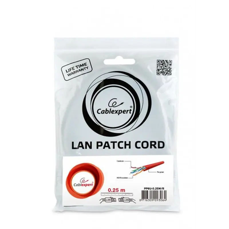 Патч-корд UTP Cablexpert (PP6U-0.25M/R) cat.6, літий, 50u штекер із засувкою, 0.25 м, червоний Патч-корд UTP Cablexpert (PP6U-0.25M/R) cat.6, літий, 50u штекер із засувкою, 0.25 м, червоний