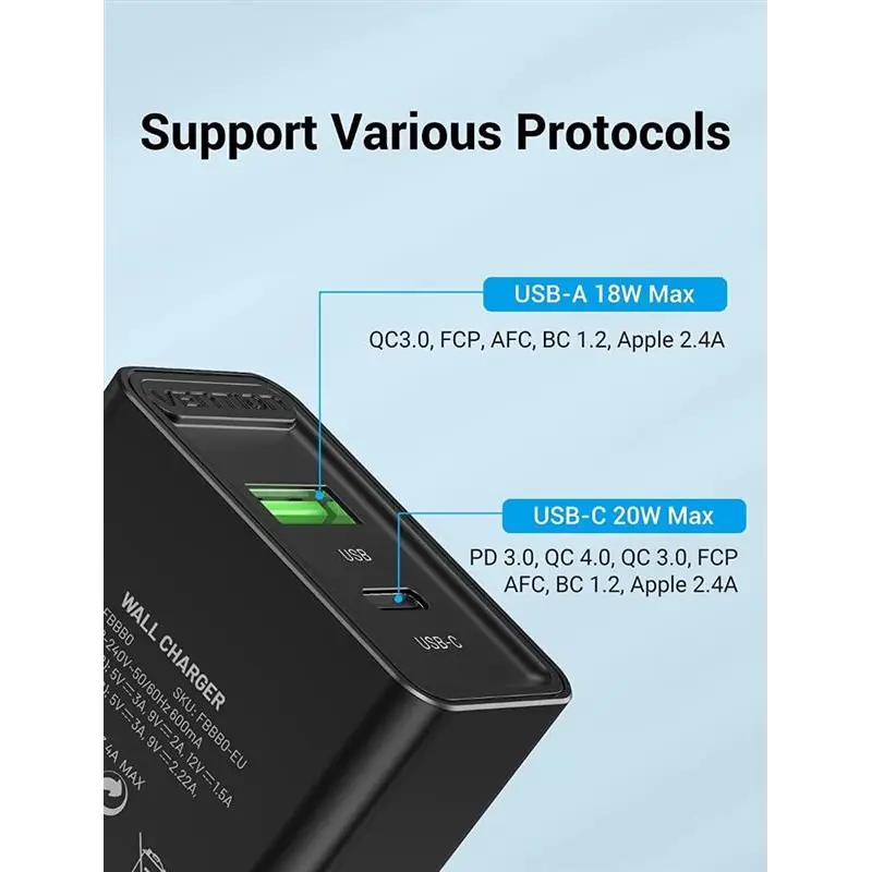 Мережевий зарядний пристрій Vention USB Type C + QC4.0 (18-20W) Black (FBBB0-EU) Мережевий зарядний пристрій Vention USB Type C + QC4.0 (18-20W) Black (FBBB0-EU)
