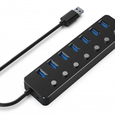 Концентратор USB 3.0 Gembird 7хUSB3.0, з вимикачами, пластик/метал, Black (UHB-U3P7P-01)