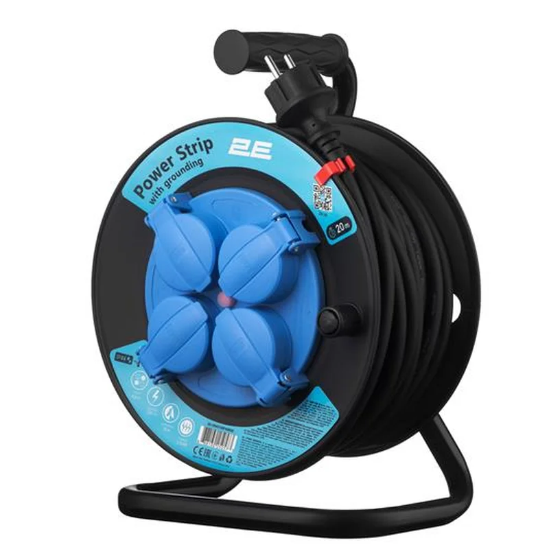 Мережевий подовжувач на котушці 2E 4XSchuko, ІР44, 3G*1.5мм, 20м, black (2E-CR4315IP44M20)