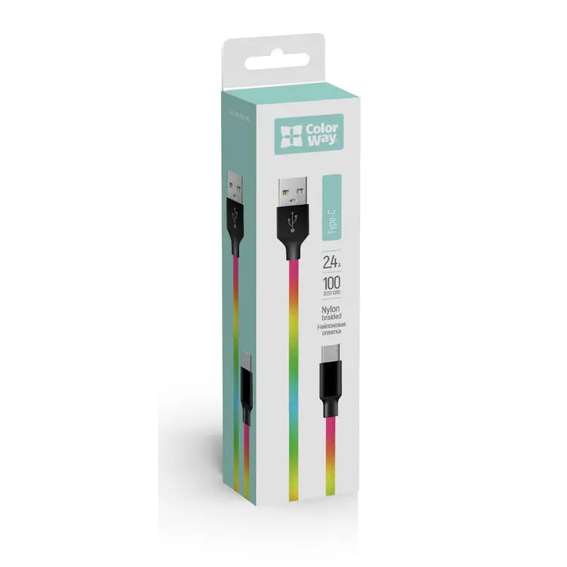 Кабель ColorWay USB - USB Type-C (M/M), 2.4 А, 1 м, Multicolor (CW-CBUC018-MC) Кабель ColorWay USB - USB Type-C (M/M), 2.4 А, 1 м, Multicolor (CW-CBUC018-MC)