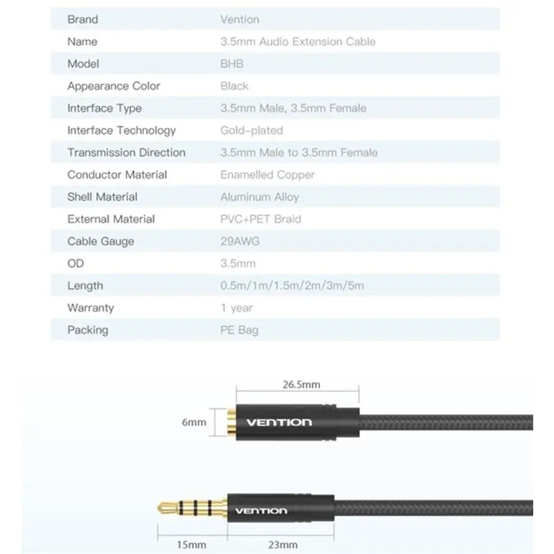 Кабель Vention Audio 3.5 мм - 3.5 мм, M/F, 1 м, чорний (BHBBF) Кабель Vention Audio 3.5 мм - 3.5 мм, M/F, 1 м, чорний (BHBBF)