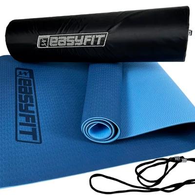 Килимок для йоги та фітнеса EasyFit TPE+TC 6мм двошаровий + Чохол синій з блакитним