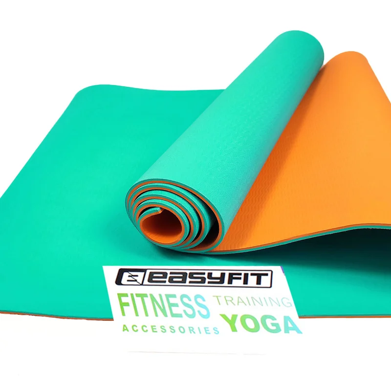 Килимок для йоги та фітнесу EasyFit TPE+TC 6мм двошаровий бірюзовий-помаранчевий