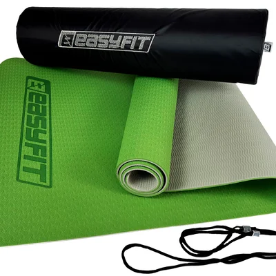 Килимок для йоги та фітнеса EasyFit TPE+TC 6мм двошаровий + Чохол зелений з сірим