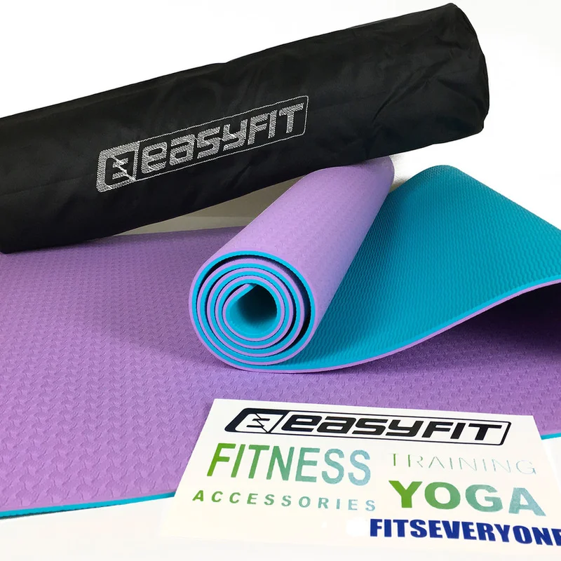 Килимок для йоги та фітнеса EasyFit TPE+TC 6мм двошаровий + Чохол фіолетовий з м'ятним
