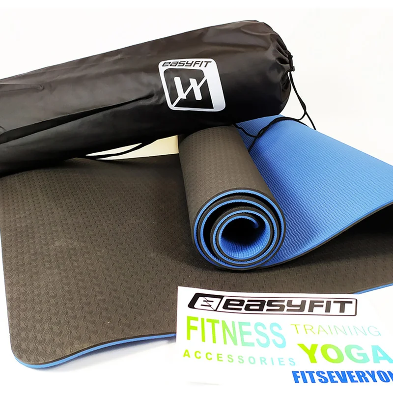 Килимок для йоги та фітнеса EasyFit TPE+TC 6мм двошаровий + Чохол чорний з синім