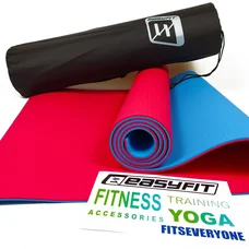 Килимок для йоги та фітнеса EasyFit TPE+TC 6мм двошаровий + Чохол червоний з блакитним