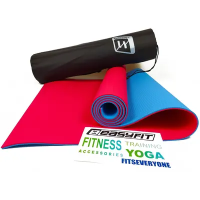 Килимок для йоги та фітнеса EasyFit TPE+TC 6мм двошаровий + Чохол червоний з блакитним Килимок для йоги та фітнеса EasyFit TPE+TC 6мм двошаровий + Чохол червоний з блакитним