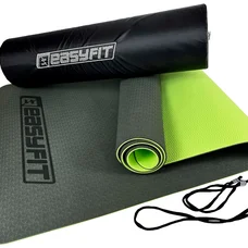 Килимок для йоги та фітнеса EasyFit TPE+TC 6мм двошаровий + Чохол чорний з зеленим