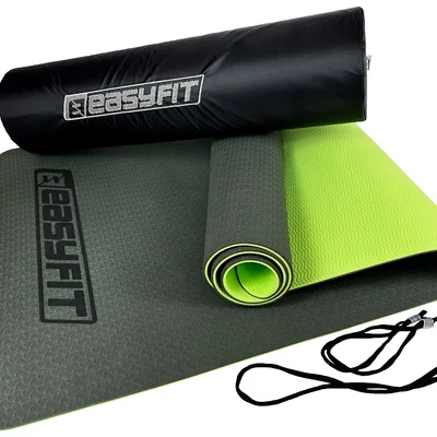 Килимок для йоги та фітнеса EasyFit TPE+TC 6мм двошаровий + Чохол чорний з зеленим