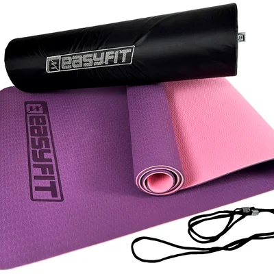 Килимок для йоги та фітнеса EasyFit TPE+TC 6мм двошаровий + Чохол фіолетовий з рожевим