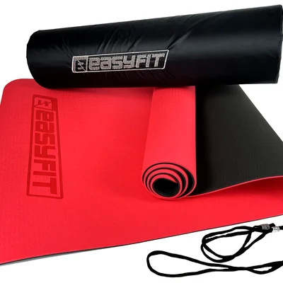 Килимок для йоги та фітнеса EasyFit TPE+TC 6мм двошаровий + Чохол червоний з чорним