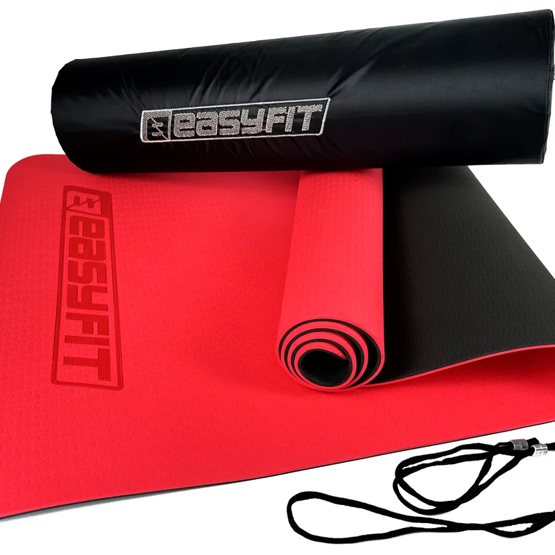 Килимок для йоги та фітнеса EasyFit TPE+TC 6мм двошаровий + Чохол червоний з чорним