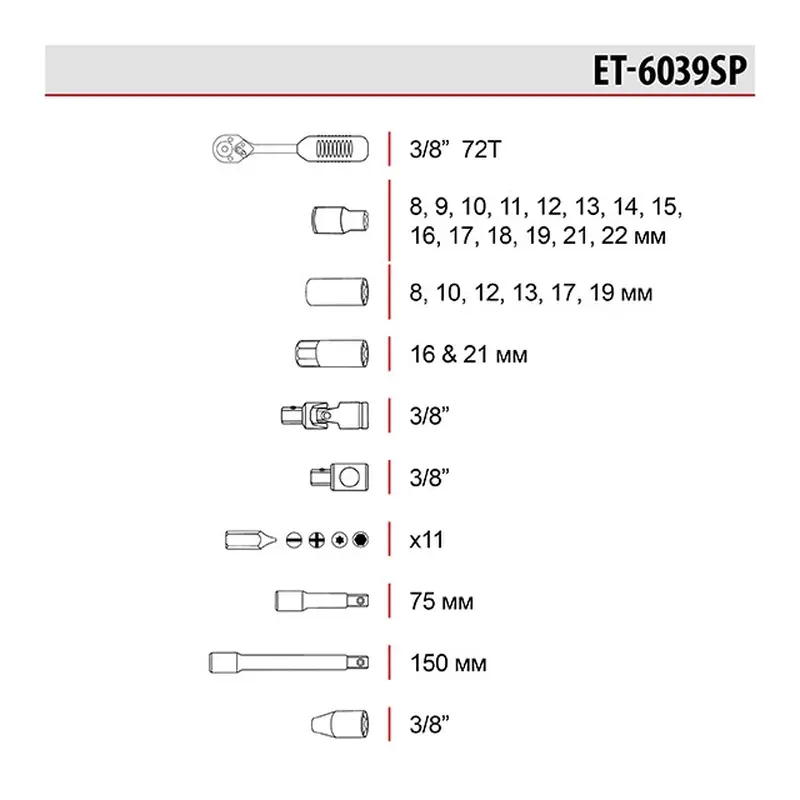Набір інструментів 3/8", 39 од. INTERTOOL ET-6039SP Набір інструментів 3/8", 39 од. INTERTOOL ET-6039SP