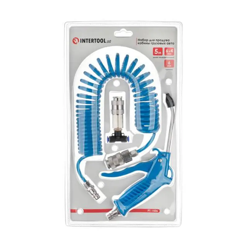 Набір для продування кабіни вантажних авто: пістолет, шланг поліуретановий 5 м 6*4 мм, трійник на шланг 6 мм; на швидкороз'ємних з'єднаннях INTERTOOL PT-1506 Набір для продування кабіни вантажних авто: пістолет, шланг поліуретановий 5 м 6*4 мм, трійник на шланг 6 мм; на швидкороз'ємних з'єднаннях INTERTOOL PT-1506