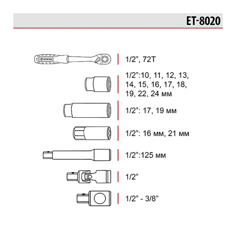 Набір інструментів 1/2 ", 20 од., Cr-V STORM INTERTOOL ET-8020 Набір інструментів 1/2 ", 20 од., Cr-V STORM INTERTOOL ET-8020