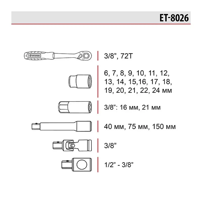 Набір інструментів 3/8", 26 од., Cr-V STORM INTERTOOL ET-8026 Набір інструментів 3/8", 26 од., Cr-V STORM INTERTOOL ET-8026