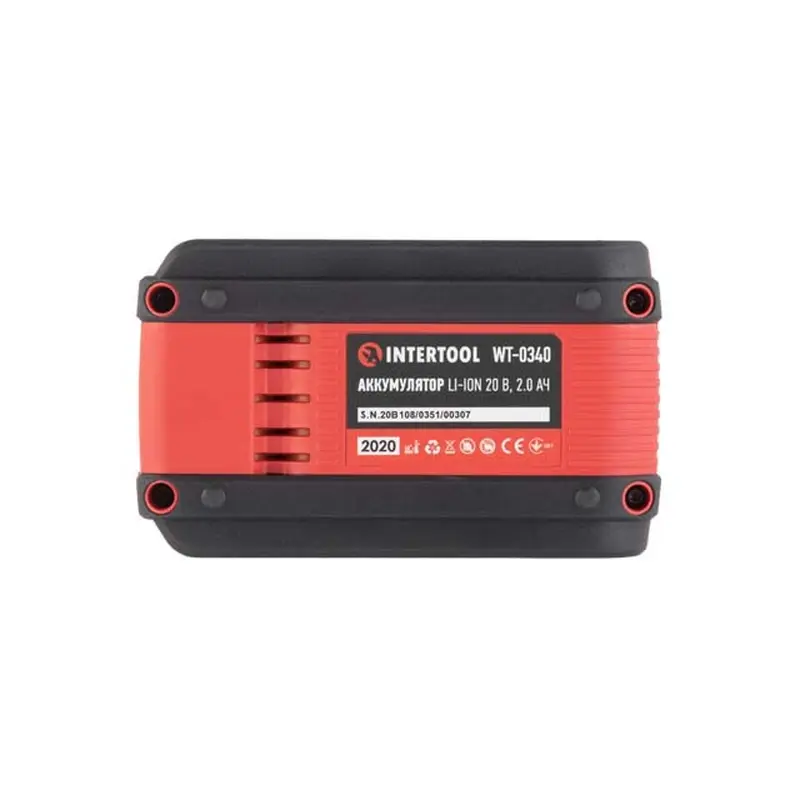 Акумулятор 20 В, Li-ion, 2.0 Аг, індикатор рівня заряду INTERTOOL WT-0340 Акумулятор 20 В, Li-ion, 2.0 Аг, індикатор рівня заряду INTERTOOL WT-0340