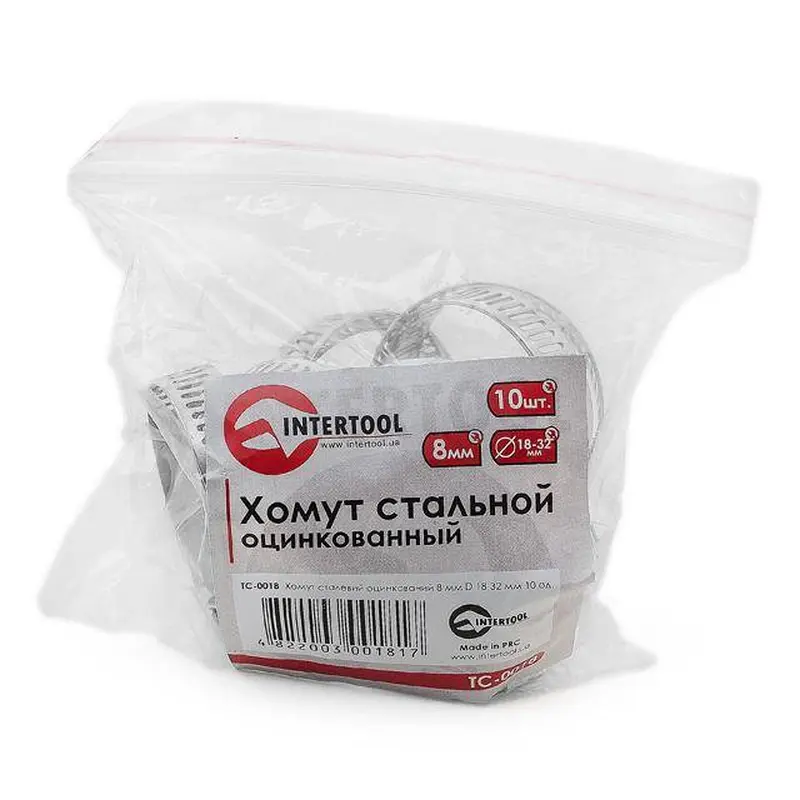 Хомут сталевий оцинкований 8 мм, D - 18-32 мм INTERTOOL TC-0018 Хомут сталевий оцинкований 8 мм, D - 18-32 мм INTERTOOL TC-0018