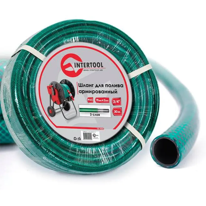 Шланг садовий, тришаровий, зелений, 3/4", 30 м, армований, PVC INTERTOOL GE-4045 Шланг садовий, тришаровий, зелений, 3/4", 30 м, армований, PVC INTERTOOL GE-4045