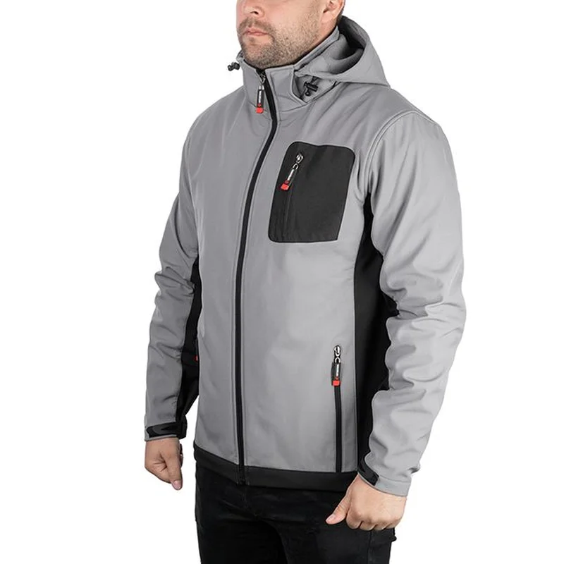 Куртка SOFTSHELL світло сіро-чорна, з капюшоном, тришарова, тканина - стрейч 300 GSM 100D, з водо- і вітрозахистом, розмір S INTERTOOL SP-3121