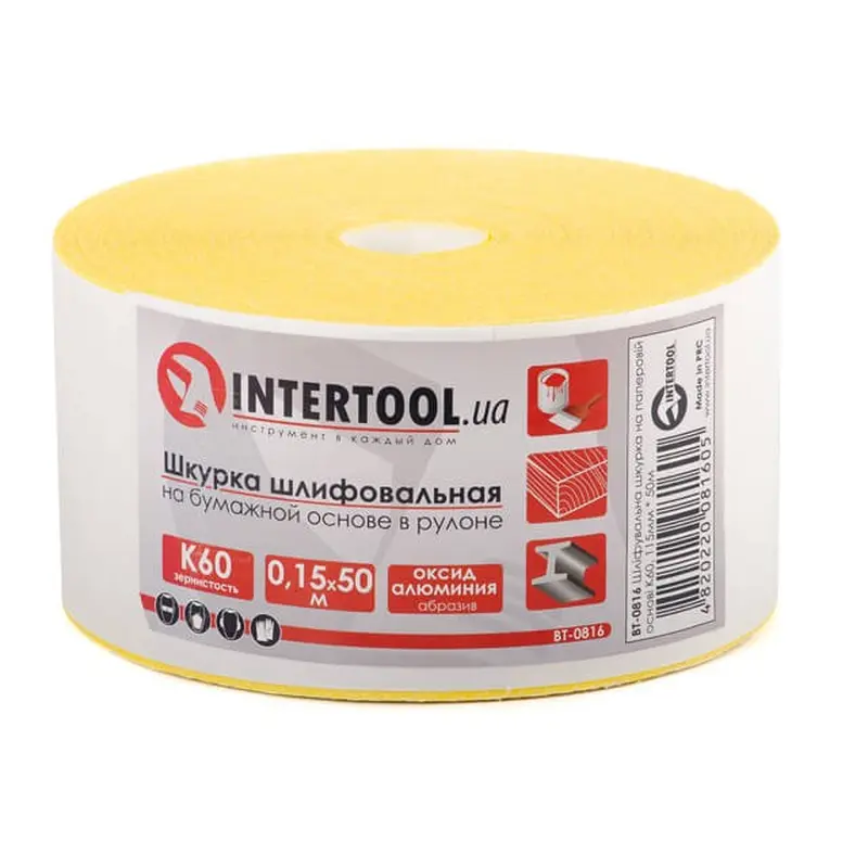 Шлифувальна шкурка на паперовій основі К60, 115 мм * 50 м INTERTOOL BT-0816 Шлифувальна шкурка на паперовій основі К60, 115 мм * 50 м INTERTOOL BT-0816