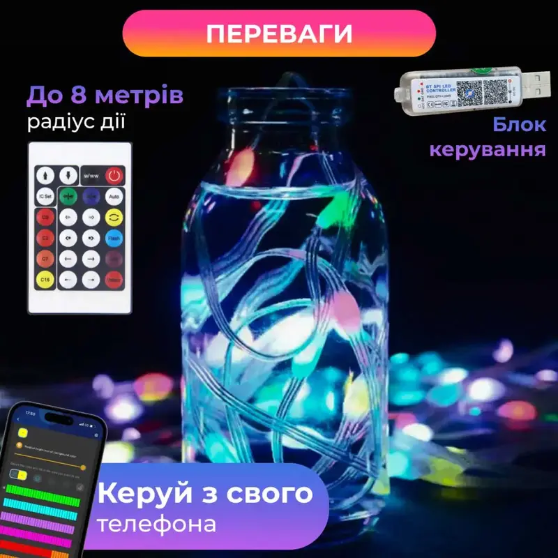 Розумна гірлянда Smart 250 LED довжина 2,5 м з керуванням смартфона прозора, мультиколор Розумна гірлянда Smart 250 LED довжина 2,5 м з керуванням смартфона прозора, мультиколор