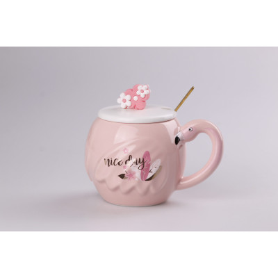 Чашка керамічна Flamingo 500мл з кришкою і ложкою чашки для кави Nice day