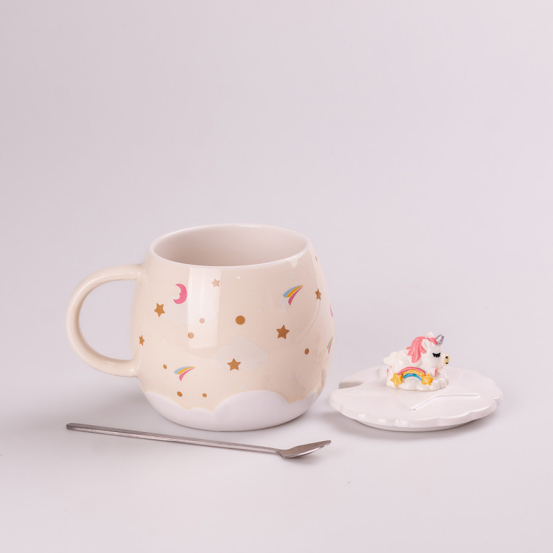 Чашка керамічна Rainbow Ceramic Mug 400ml з кришкою і ложкою Бежевий