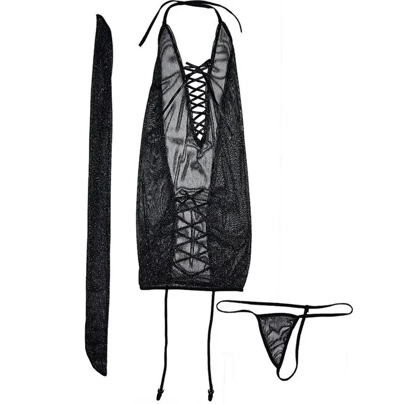 Блискучий пеньюар з підв'язками для панчіх - Чорний - XS/S/M - Еротична білизна Блискучий пеньюар з підв'язками для панчіх - Чорний - XS/S/M - Еротична білизна