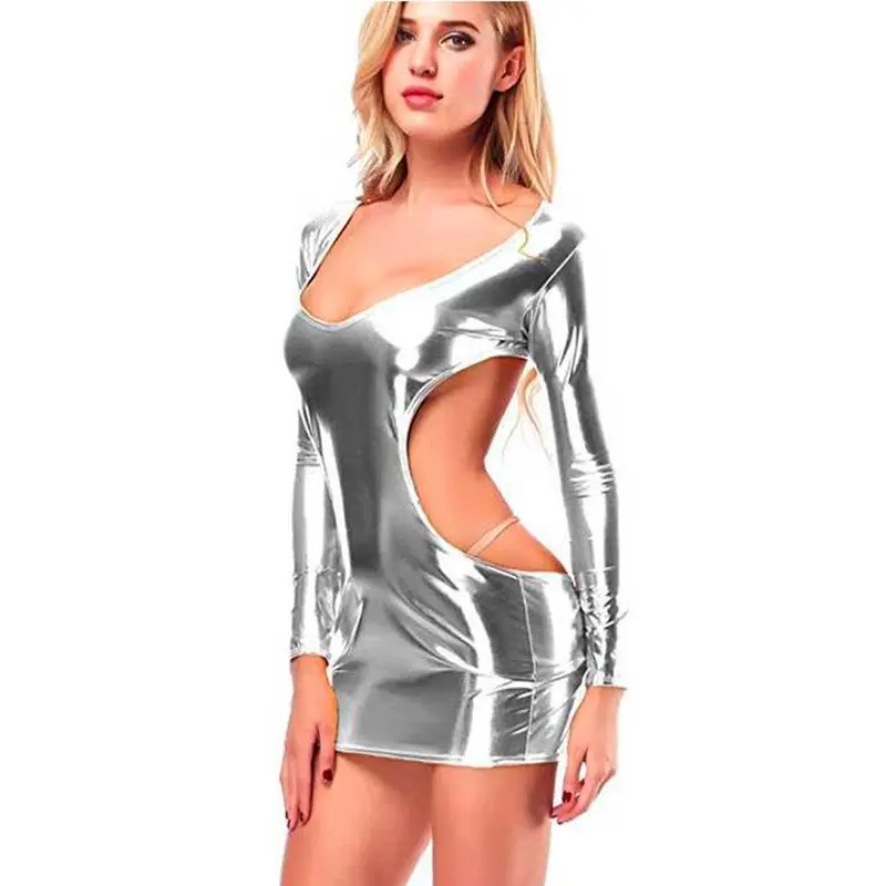 Сексуальна блискуча міні-сукня зі шкірозамінника - XS/S - Срібло Сексуальна блискуча міні-сукня зі шкірозамінника - XS/S - Срібло