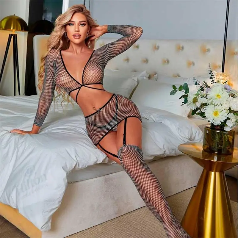 Яскравий комплект із підв'язками для панчох, панчохами та довгими рукавами XS/S/M - Еротична білизна Яскравий комплект із підв'язками для панчох, панчохами та довгими рукавами XS/S/M - Еротична білизна