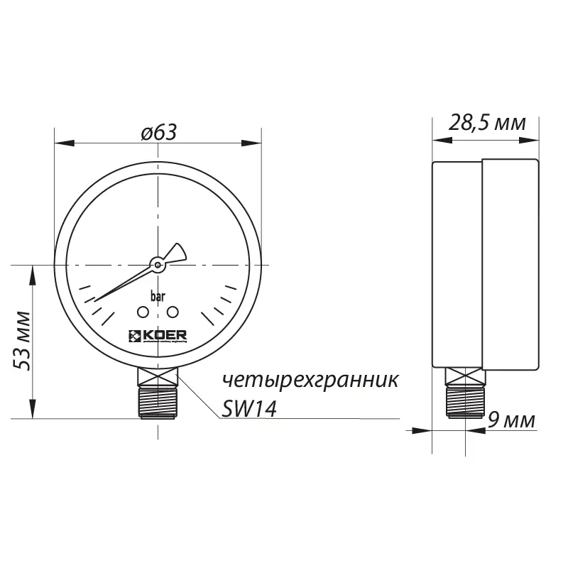 Манометр радиальный KOER KM.610R D 63мм (0-6 bar) 1/4''-1/2'' (KR2903) Манометр радиальный KOER KM.610R D 63мм (0-6 bar) 1/4''-1/2'' (KR2903)