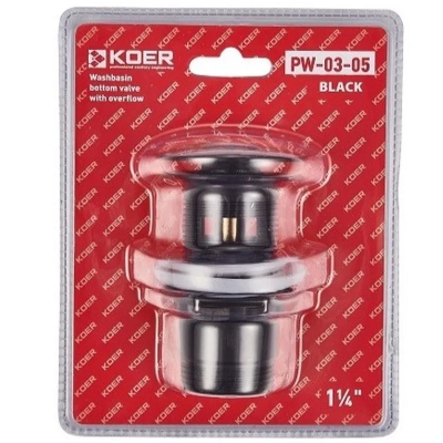 Донный клапан для умывальника с переливом Koer PW-03-05 1 1/4'' (кнопка) (Черный) (KR3396)