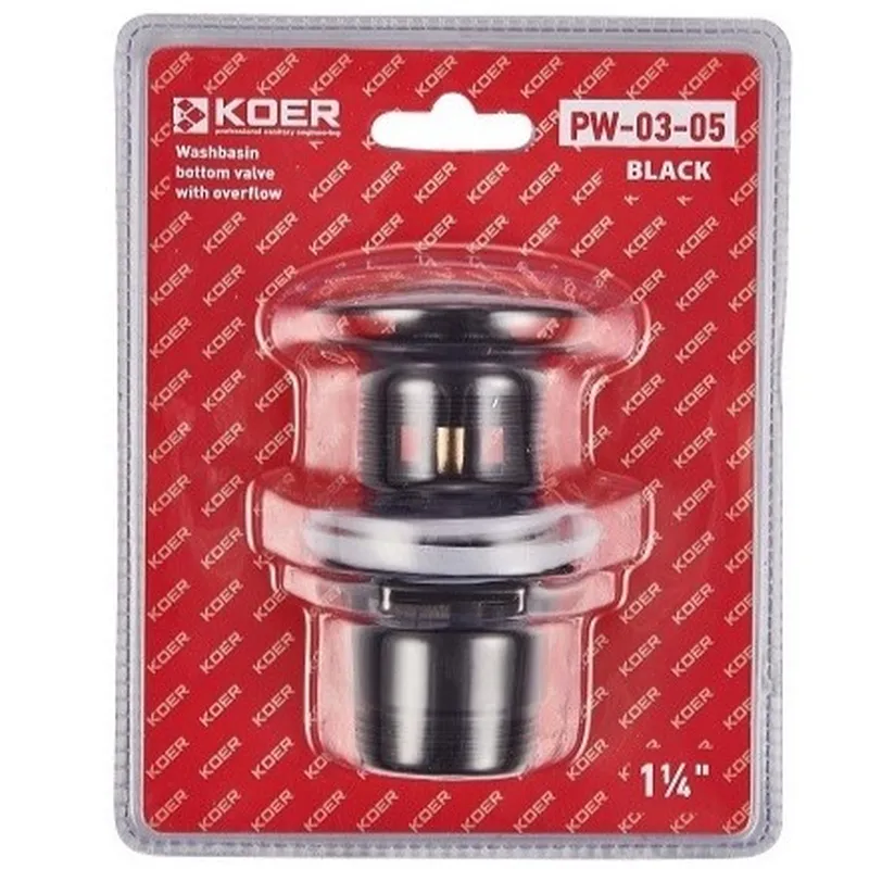 Донный клапан для умывальника с переливом Koer PW-03-05 1 1/4'' (кнопка) (Черный) (KR3396)
