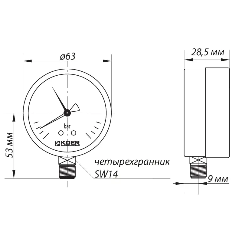 Манометр радиальный (KOER KM.621R) (0-4 bar), D 63мм, 1/4''-1/2'' (KR0206) Манометр радиальный (KOER KM.621R) (0-4 bar), D 63мм, 1/4''-1/2'' (KR0206)