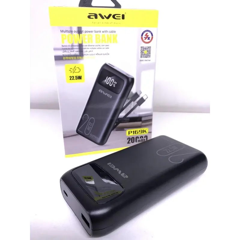 Power Bank Awei P 169K (20 000 mAh 22.5W) з Type-C та Lightning Cable Black