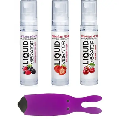 Amoreane Med набір з 3-х смаків стимулюючого лубриканта та вібропулі Adrien Lastic Purple, 3х10 мл