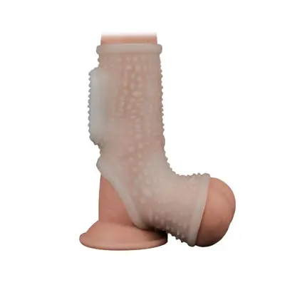 LoveToy Vibrating Drip Knights Ring with Scrotum Sleeve - стимулююча вібронасадка на член, 13 см (білий)