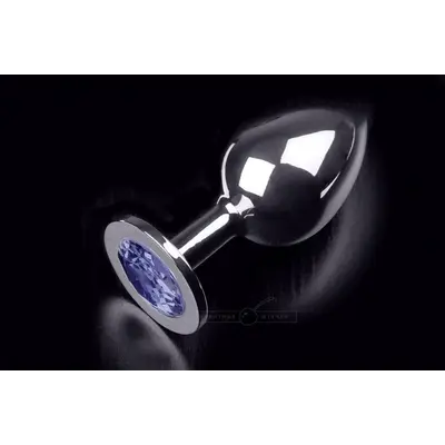 Пикантные Штучки - Большая серебристая анальная пробка с закругленным кончиком и кристаллом, 9х4 см (синий)