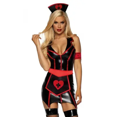 Leg Avenue-Vinyl Naughty Nurse Black/Red - Сексуальний костюм медсестри, S