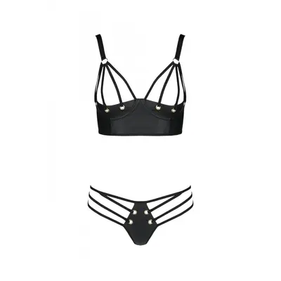 Passion Malwia Bikini - Комплект из эко-кожи: с люверсами и ремешками, бра и трусики, S/M (чёрный)
