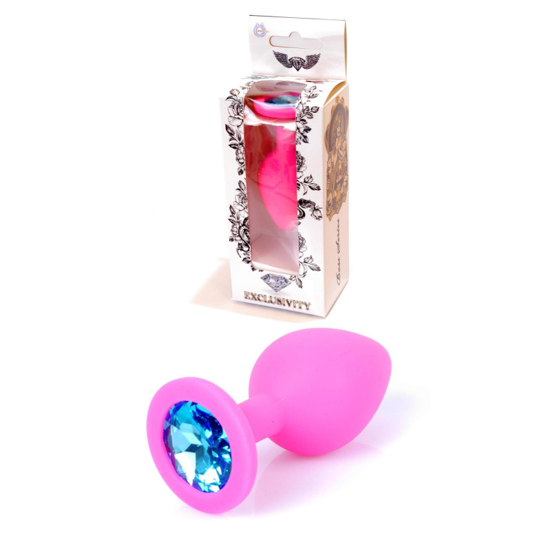 Boss Silikon Plug Jewellery Pink Medium - Анальная пробка с кристаллом, 8х3.5 см (розовый с голубым)