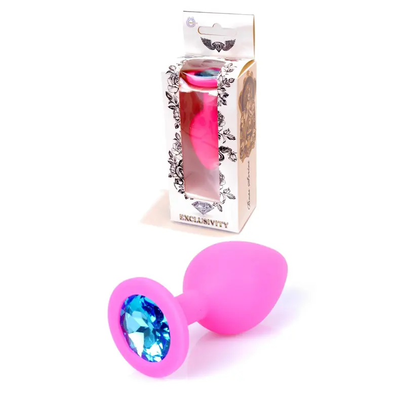 Boss Silikon Plug Jewellery Pink Medium - Анальная пробка с кристаллом, 8х3.5 см (розовый с голубым)